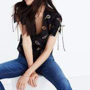 Madewell Silk Belle Top in Peacock Feathers V-neckline Peplum Hem
